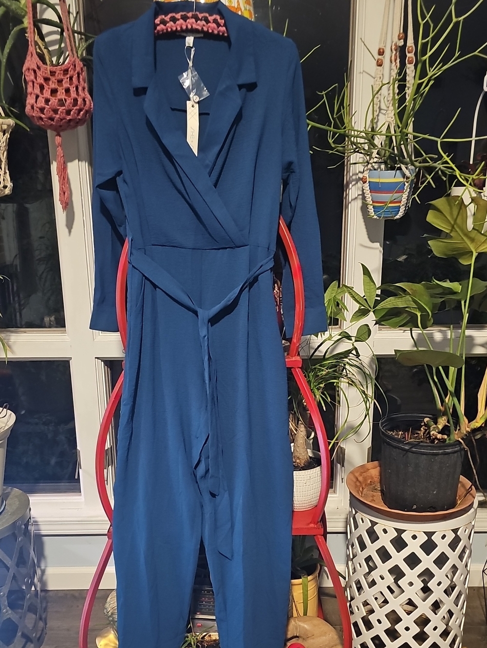 NWT jumpsuit She + Sky Deep Blue Medium Waist Tie Long Sleevev Neck